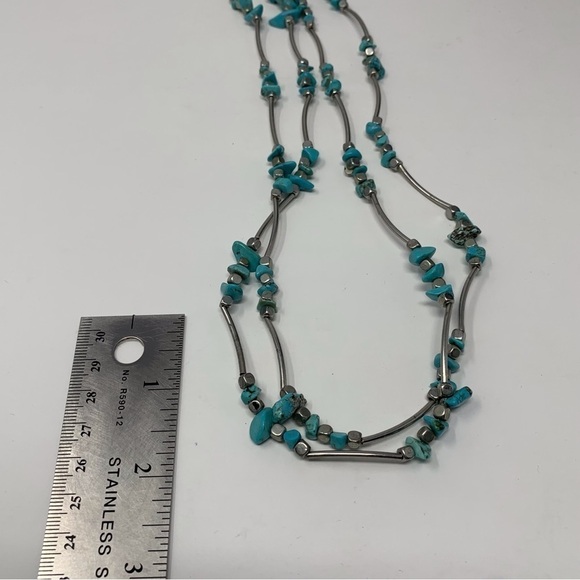 Faux Turquoise Blue Beaded Long Necklace with Silver Tone Spacers - Picture 8 of 10